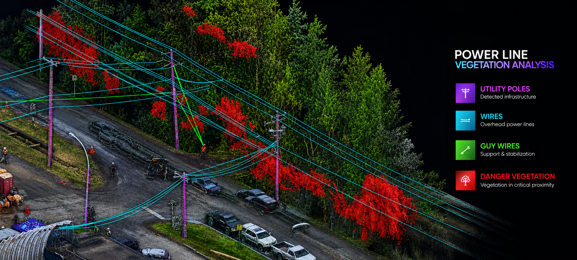 Aerial power line vegetation analysis showing detected utility poles, wires, guy wires and danger vegetation