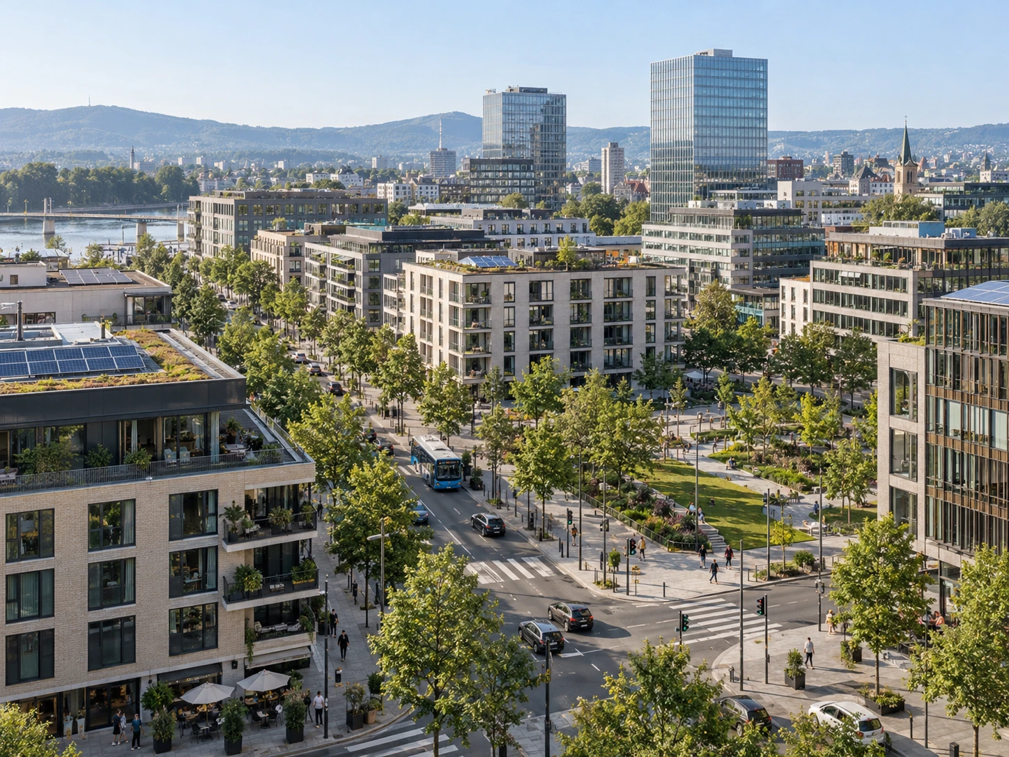 Illustrative view of a modern city district with connected streets, buildings and green public spaces