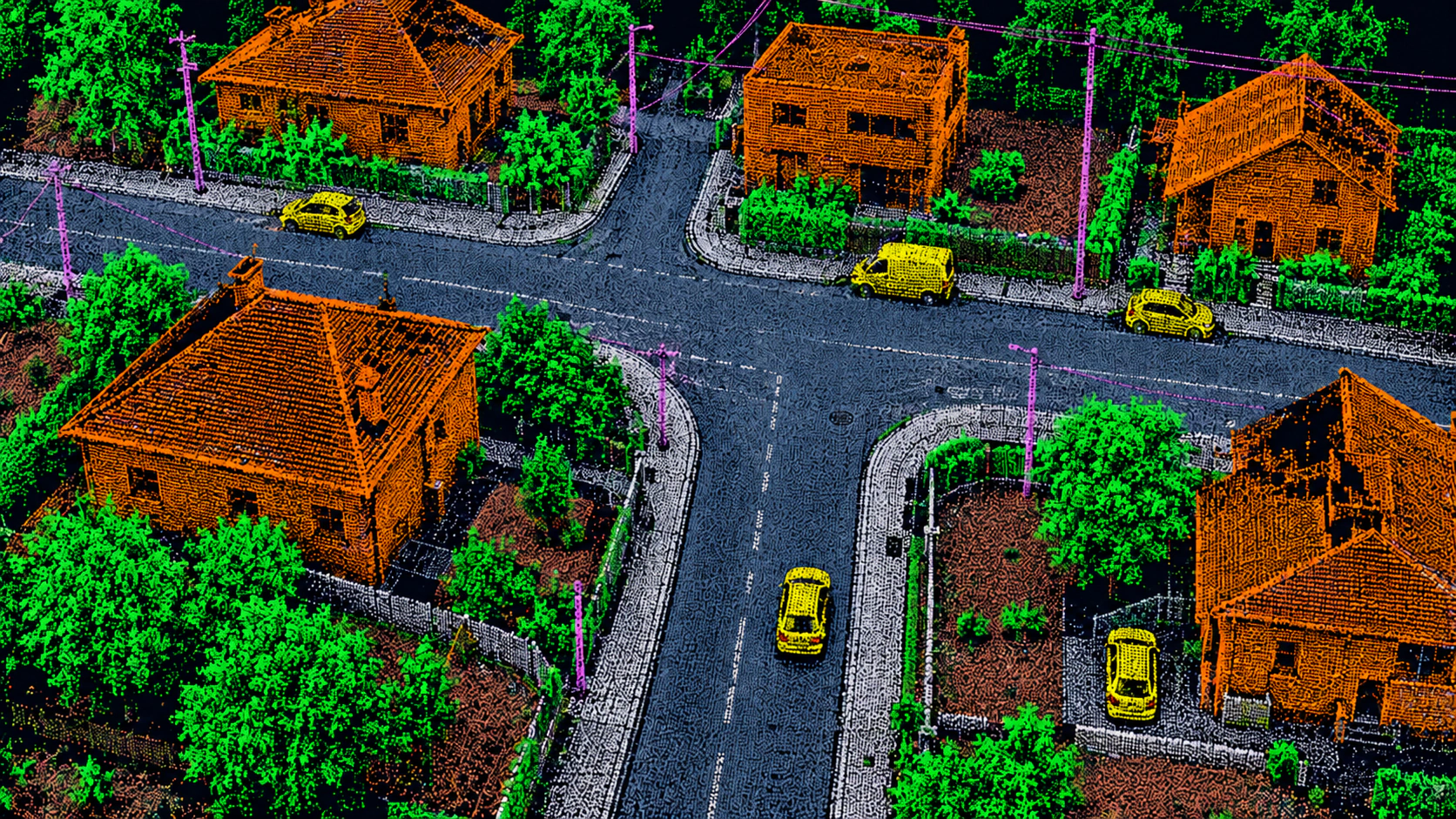 Classified urban LiDAR point cloud with color-coded elevation and surface features
