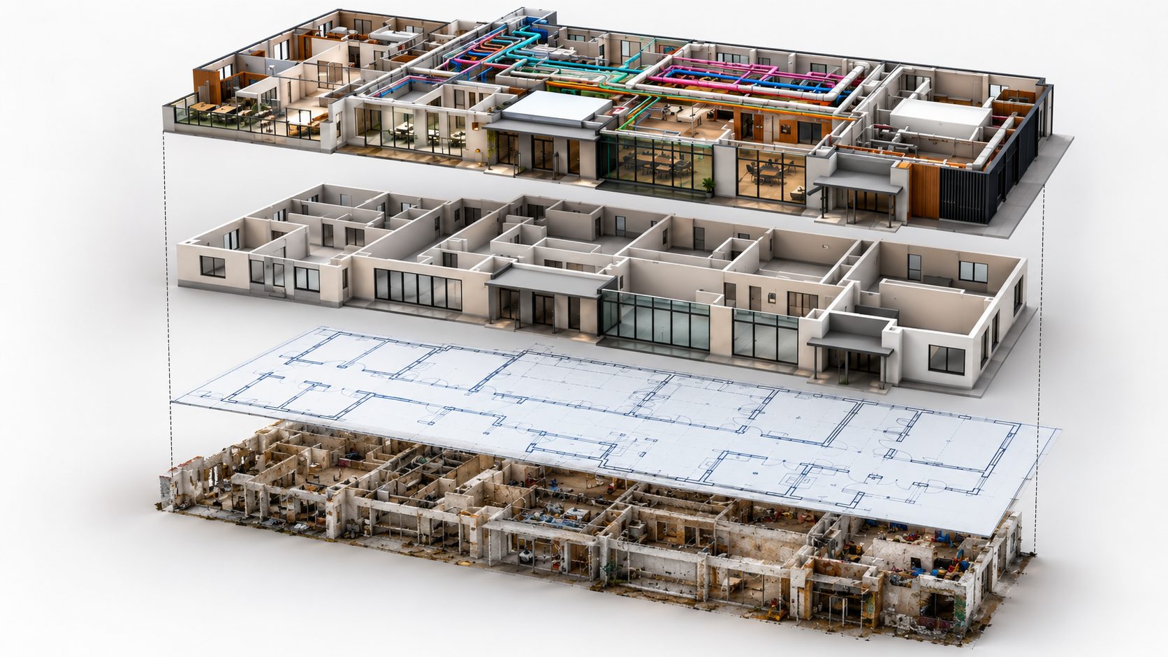 An exploded building model showing floor plans and coordinated MEP systems